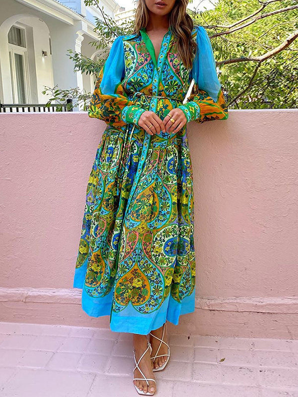 Belted Floral Printed High Waisted Loose Lapel Midi Dresses