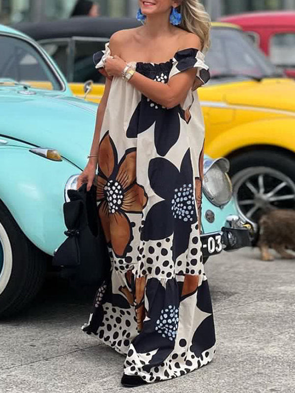 Flower Print Split-Joint Loose Short Sleeves Off-The-Shoulder Maxi Dresses