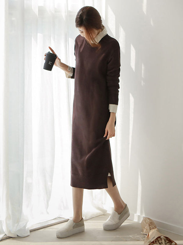 Urban Long Sleeves Loose Split-Side Solid Color Round-Neck Sweater Dresses