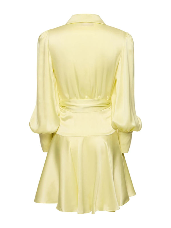 Solid Color Ruffled Long Sleeves Satin Elegant Mini Dresses