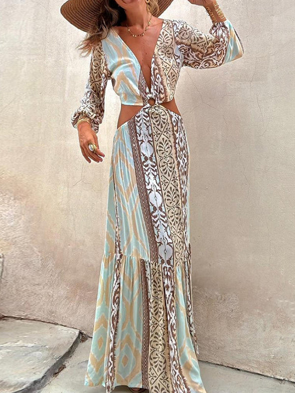 Flower Printed Asymmetry Long Sleeves Bohemia Maxi Dresses