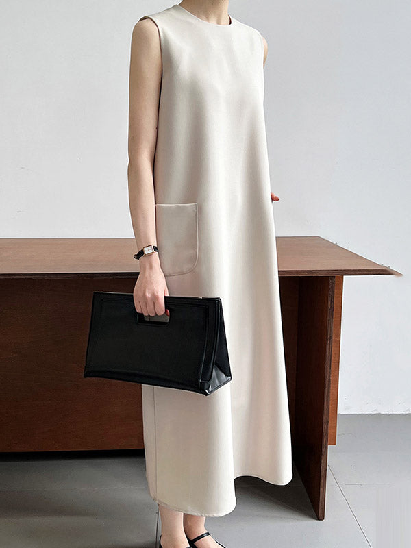 Pockets Solid Color Split-Back Zipper High Waisted Loose Round-Neck Midi Dresses