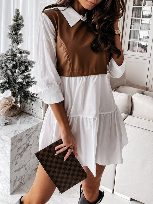 Contrast Color Pleated Split-Joint Long Sleeves Loose Lapel Mini Dresses