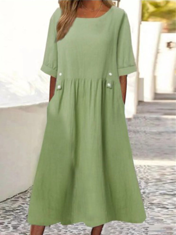 Buttoned Pleated Pockets A-Line Loose Round-Neck Midi Dresses