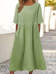 Buttoned Pleated Pockets A-Line Loose Round-Neck Midi Dresses