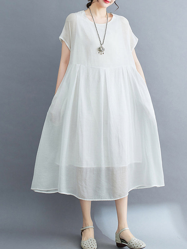 Solid Color Split-Joint Loose Short Sleeves Round-neck Midi Dresses