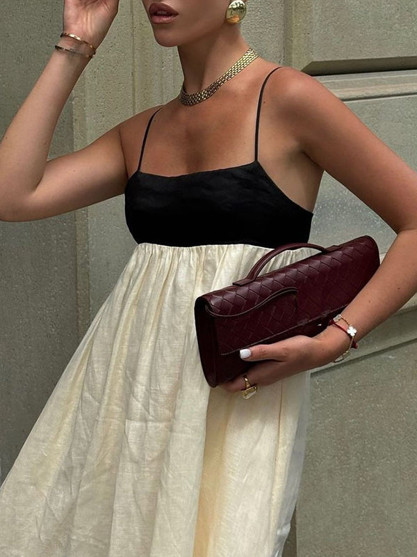 Contrast Color Pleated Split-Joint A-Line Loose Spaghetti-Neck Maxi Dresses