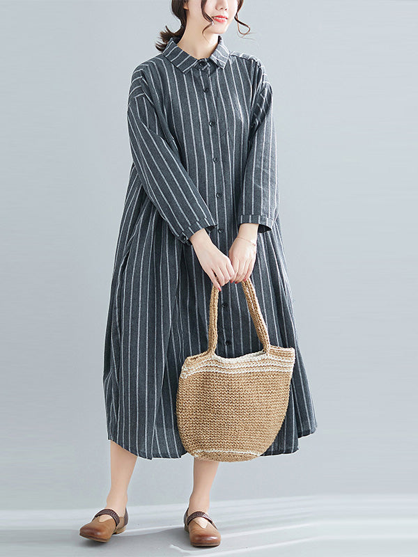 Simple Striped Buttoned Lapel Long Sleeves Shirt Dress