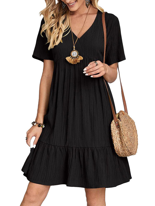 Pleated Solid Color Split-Joint A-line Loose V-neck Mini Dresses