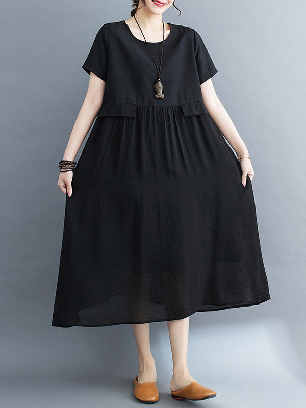 Gauze Solid Color Split-Joint Loose Short Sleeves Round-neck Midi Dresses