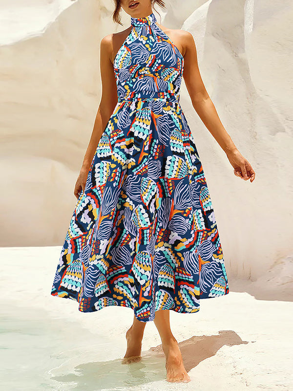 Pleated Printed Split-Joint A-Line Loose Halter-Neck Midi Dresses