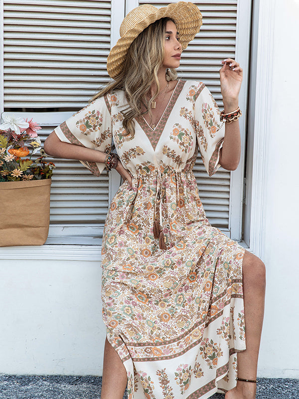 Bohemia A-Line High Waisted Floral Printed V-Neck Maxi Dresses