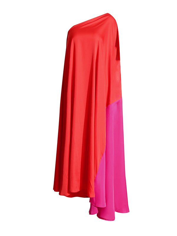 Asymmetric Contrast Color Split-Joint High Waisted Loose One-shoulder Maxi Dresses