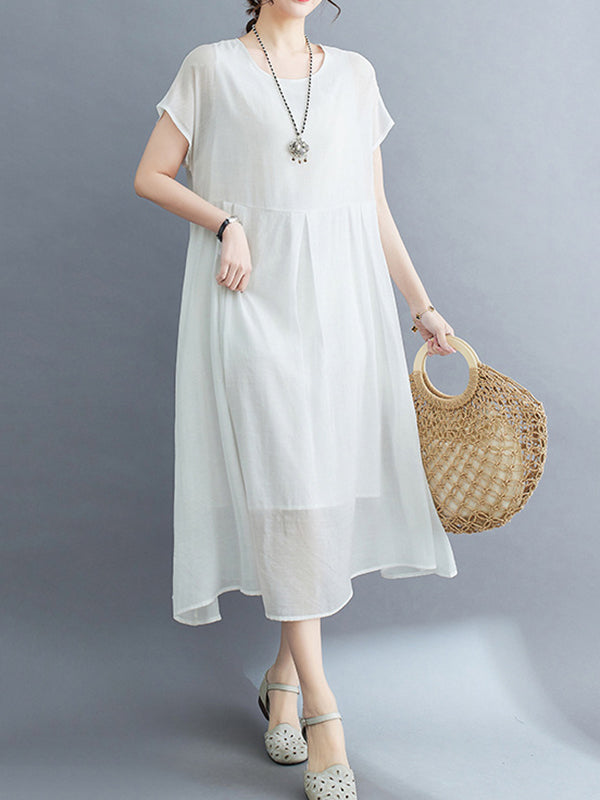 Solid Color Split-Joint Loose Short Sleeves Round-neck Midi Dresses