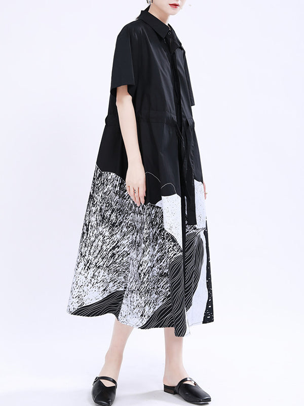 Contrast Color Drawstring Printed Tied Waist Loose Short Sleeves Lapel Shirt Dress Midi Dresses
