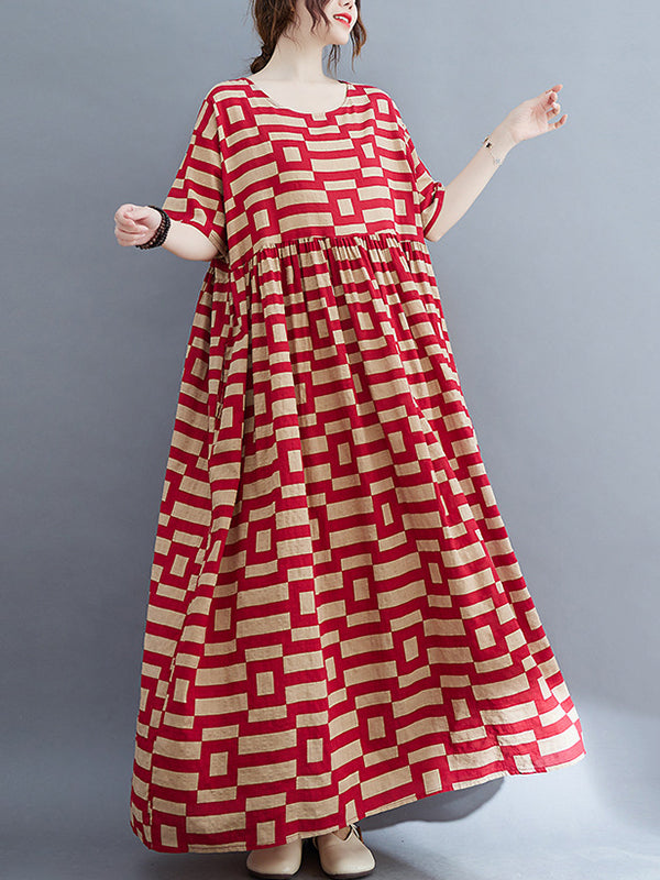 Plaid Loose Short Sleeves Round-Neck Midi Dresses