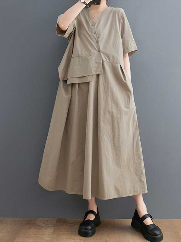 Pleated Solid Color Split-Joint Loose Short Sleeves V-Neck Midi Dresses