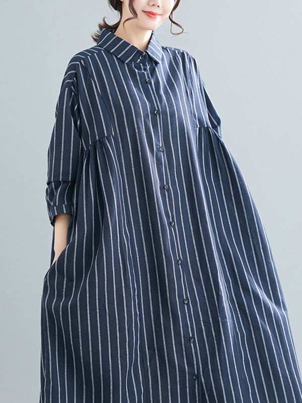Simple Striped Buttoned Lapel Long Sleeves Shirt Dress