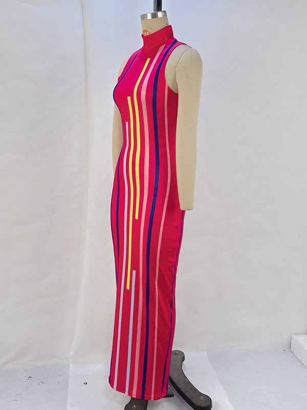 Contrast Color Printed Bodycon High Waisted High Neck Midi Dresses