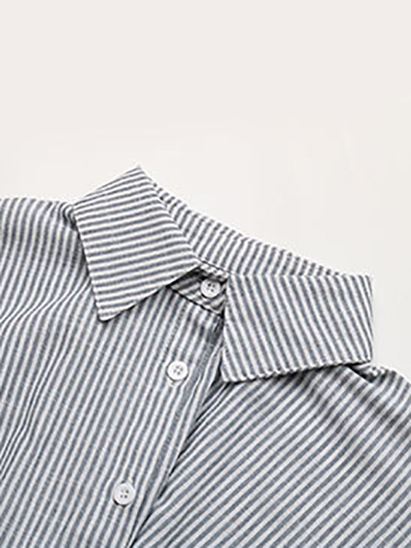 Original Casual Loose Striped Buttoned Pleated Mini Shirt Dress