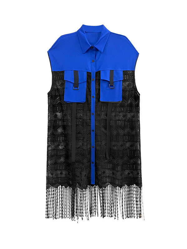 Sleeveless See-Through Split-Joint Tasseled Lapel Lace Midi Dresses