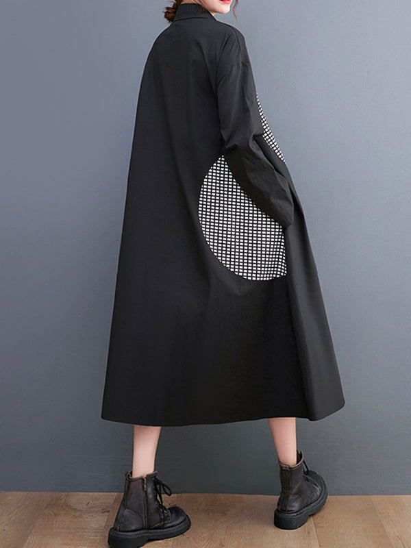 Vintage Loose Long Sleeves Buttoned Printed Polka-Dot Lapel Collar Midi Dresses