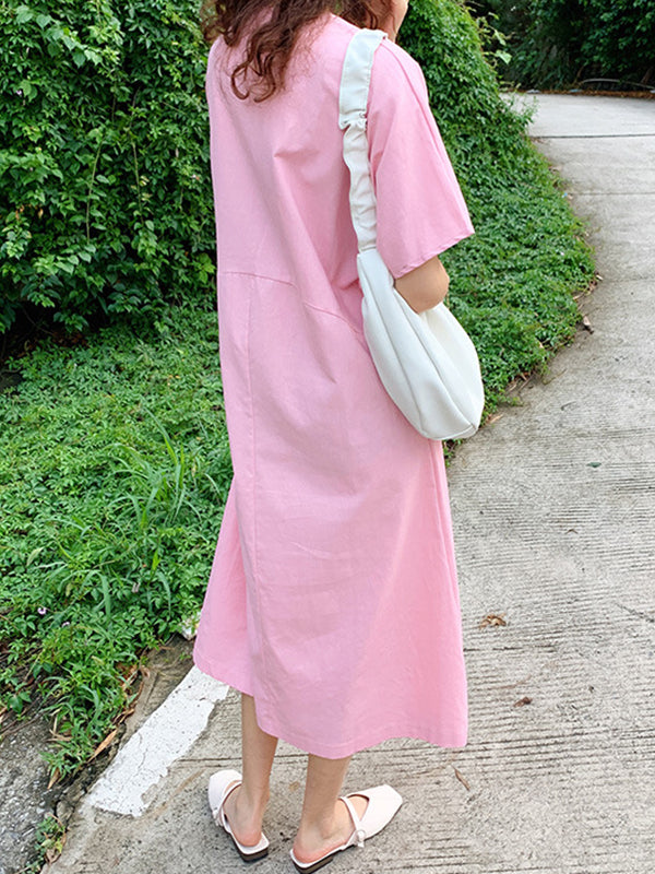 Loose Solid Color V-Neck Pleated With Pockets Midi Dresses