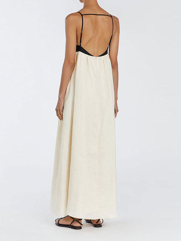 Contrast Color Pleated Split-Joint A-Line Loose Spaghetti-Neck Maxi Dresses
