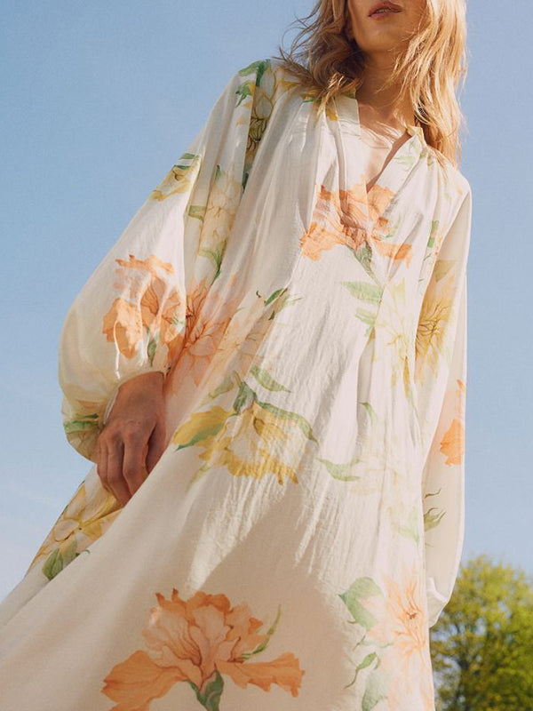 Floral Print Loose Long Sleeves Casual Maxi Dresses