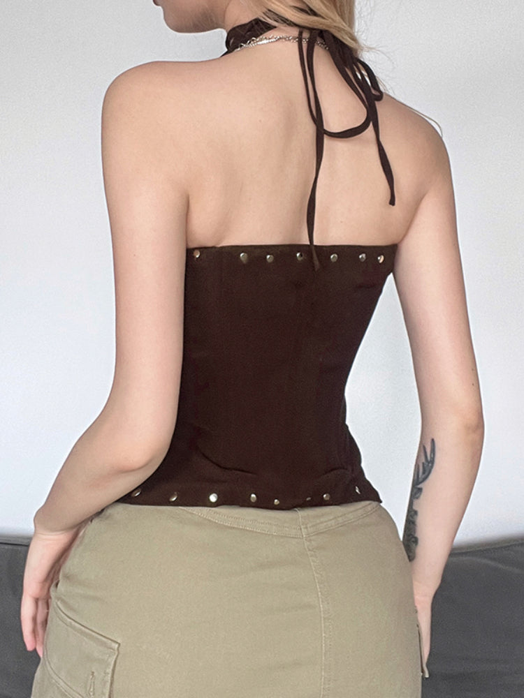 Brown Backless Sleeveless Halter Top