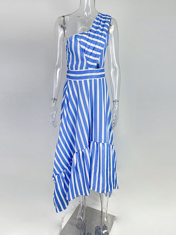Asymmetric Hollow Pleated Pockets Split-Joint Striped Zipper High Waisted Loose One-Shoulder Midi Dresses