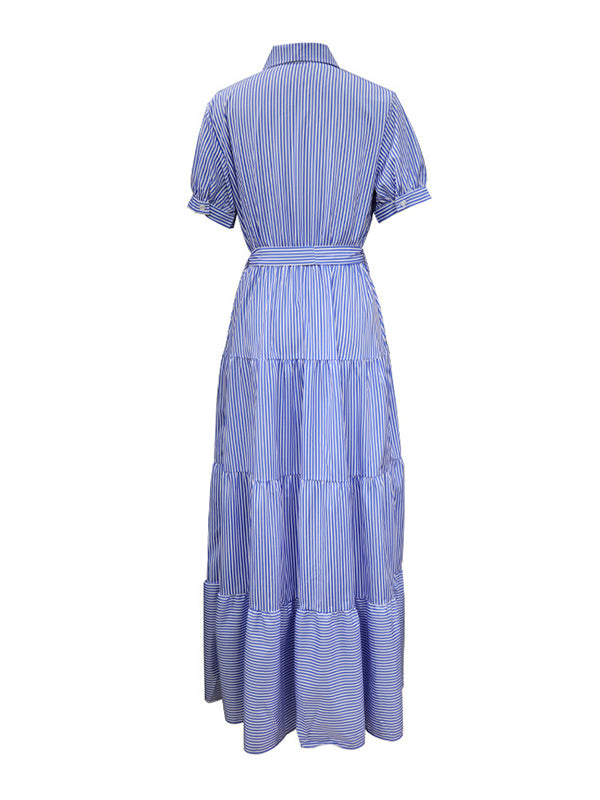 Striped Loose Short Sleeves Lapel Maxi Dresses