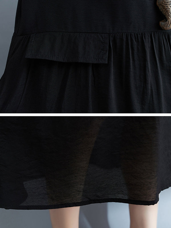 Gauze Solid Color Split-Joint Loose Short Sleeves Round-neck Midi Dresses
