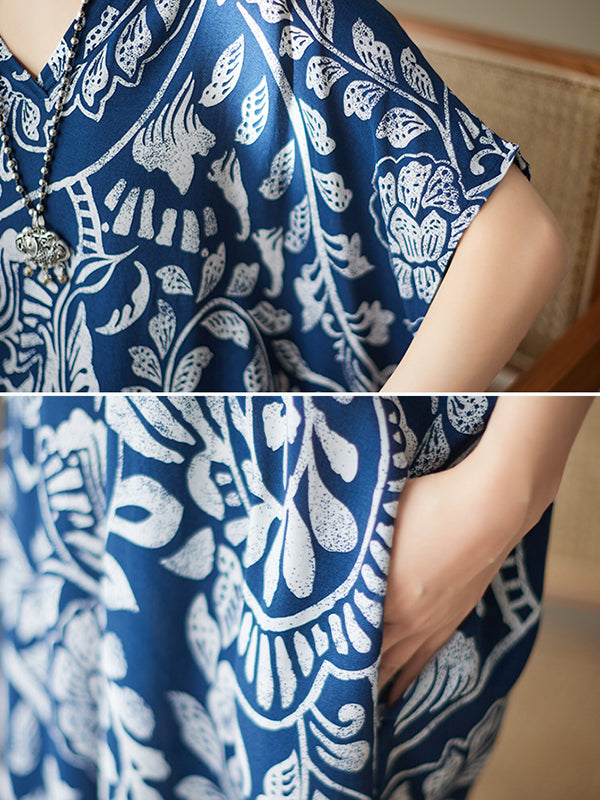 Printed Loose Short Sleeves V-Neck Maxi Dresses