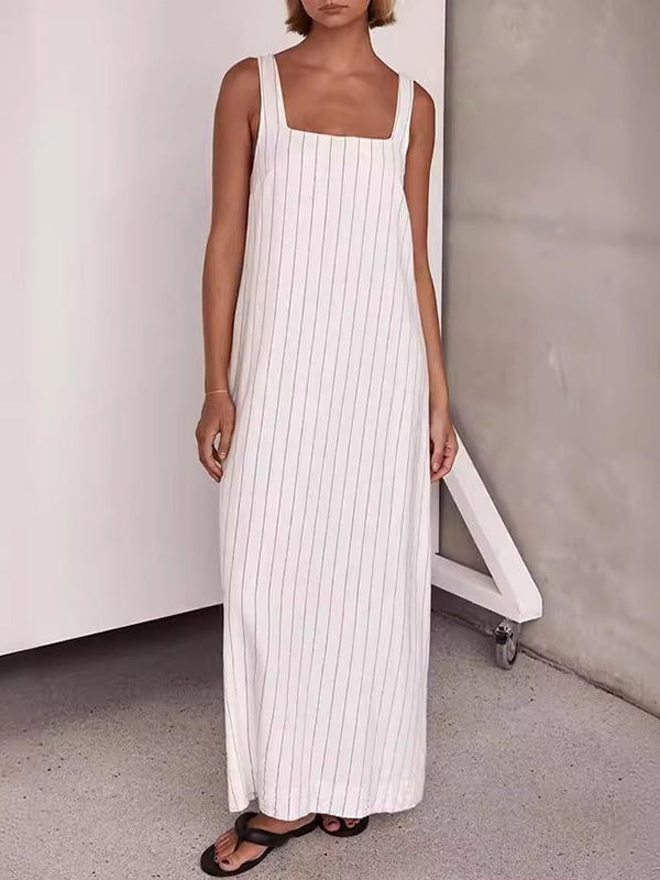 Striped A-Line Loose Square-Neck Maxi Dresses