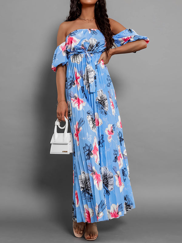 Elasticity Flower Print Pleated Split-Joint Tied Waist A-Line Loose Off-The-Shoulder Maxi Dresses