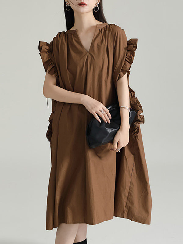 Adjustable Drawstring Pleated Solid Color Loose Raglan Sleeve V-Neck Shirt Dress Midi Dresses