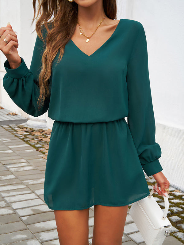 Elasticity Pleated Solid Color A-Line High Waisted V-Neck Mini Dresses