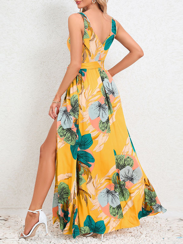 Flower Print Pleated Split-Front Tied Waist A-Line Loose V-Neck Maxi Dresses