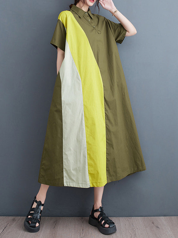 Multi-Colored Loose Short Sleeves Polo Midi Dresses