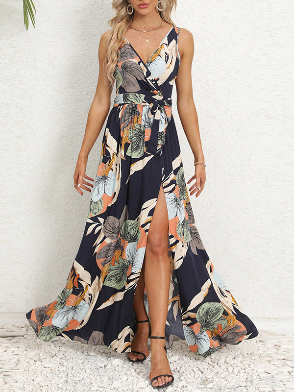 Flower Print Pleated Split-Front Tied Waist A-Line Loose V-Neck Maxi Dresses