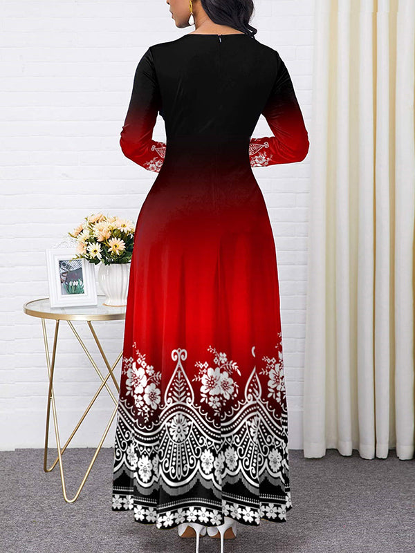 Contrast Color Floral Printed Long Sleeves Round-neck Maxi Dresses