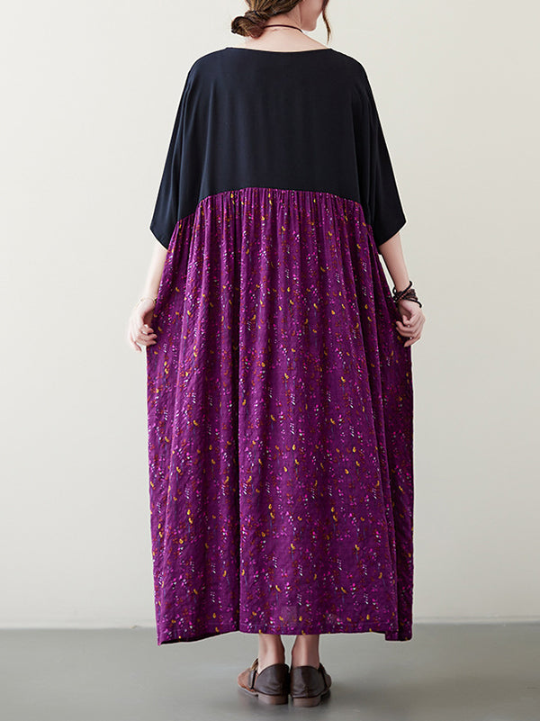 Artistic Retro Loose Half Sleeves Floral Printed Contrast Color Pleated Split-Joint Midi Dresses