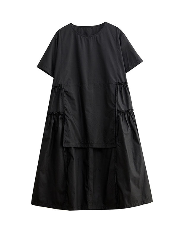 Solid Color Split-Joint Loose Short Sleeves Round-neck Midi Dresses