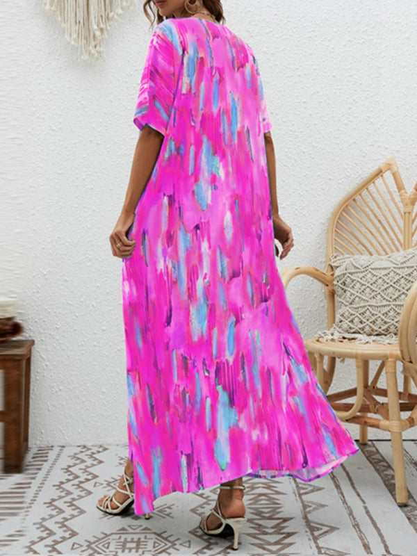 Contrast Color High-Waisted Printed Loose Short Sleeves V-neck Maxi Dresses