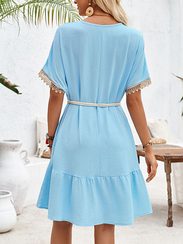 Belted Split-Joint Short Sleeves V-neck Mini Dresses
