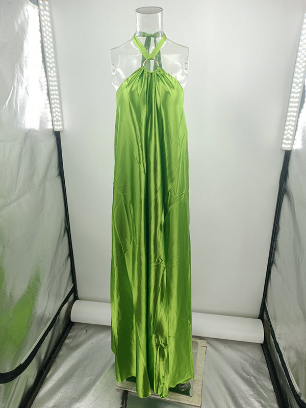 Backless Solid Color Tied A-Line Loose Halter-Neck Maxi Dresses