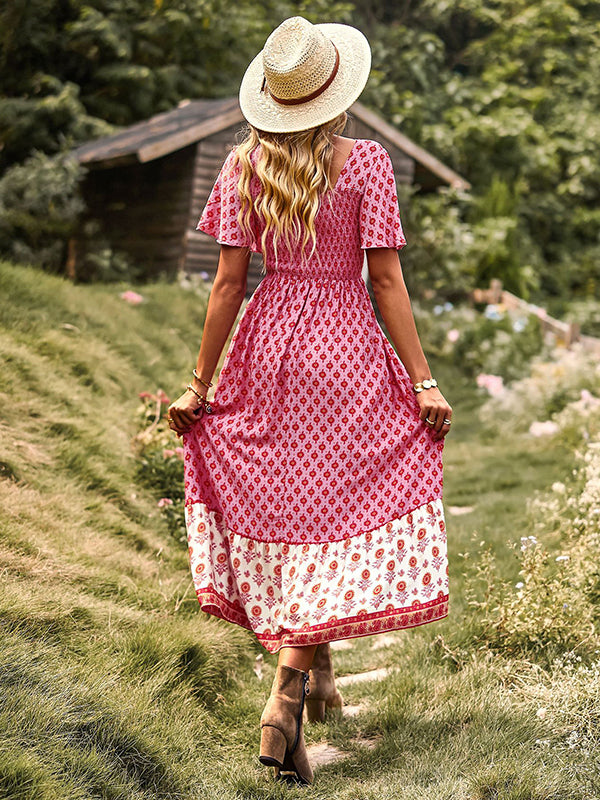Bohemia Flared Sleeves Loose Floral Printed U-Neck Maxi Dress
