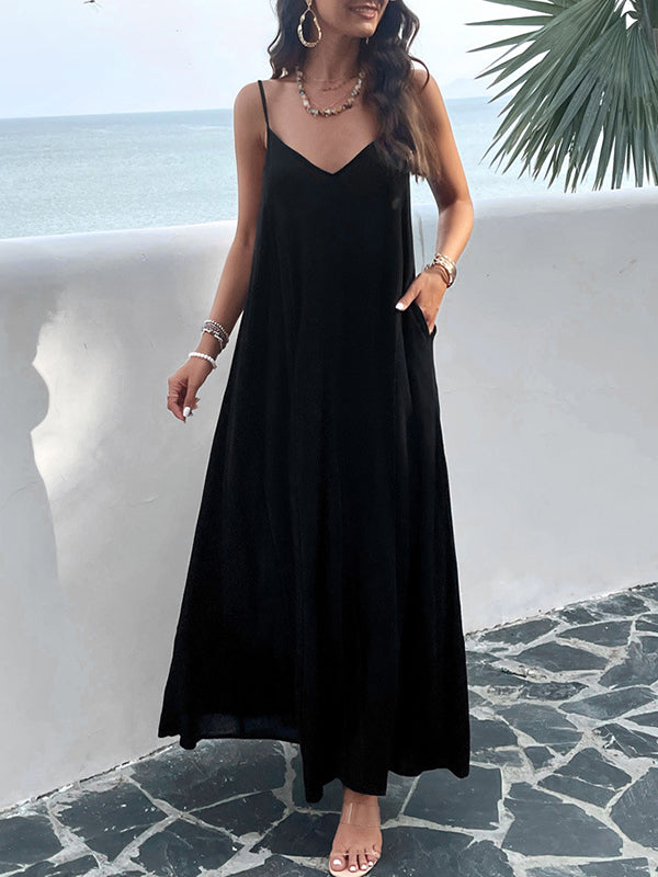 Pleated Solid Color Split-Joint Loose Sleeveless Spaghetti-Neck Maxi Dresses