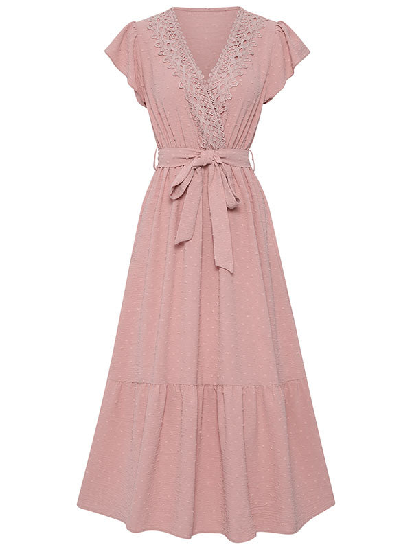 Vacation Sleeveless Loose Lace-Up Solid Color V-Neck Midi Dress